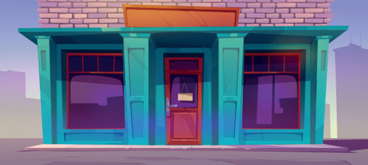 Shop facade, cafe, traditional store front, city architecture building with signboard on closed door and large windows. Small retail boutique, bakery or grocery exterior, Cartoon vector illustration