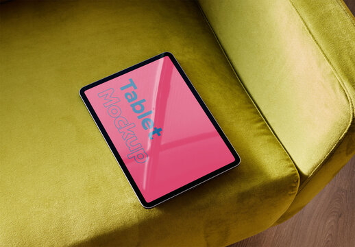 Tablet Mockup on Green Couch at Home