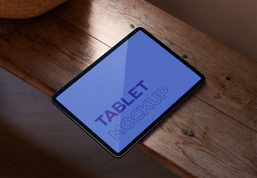 Tablet Mockup on Rustic Wooden Table and Beautiful Natural Light