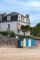 Ile-aux-Moines, in Brittany, France, bathing huts on the beach