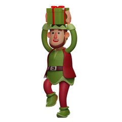 3D illustration. 3D Elf character with a gift box on his head. walk happily. showing a sweet smile. 3D Cartoon Character