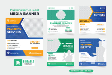 Expert plumbing service social media post collection with abstract shapes. Modern plumber and handyman business promotional template bundle for online marketing. House maintenance service template set
