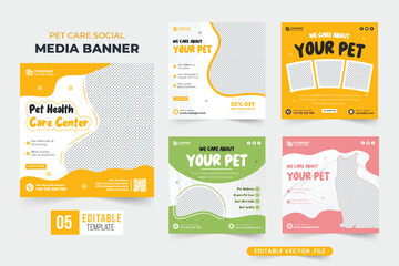 Pet care center social media post collection design with yellow and green colors. Pet veterinary and healthcare promotional web banner bundle. Creative pet shop template set with abstract shapes.