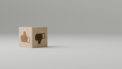 Accepted and rejected concept. thumb up or down on wooden cube with image of pros versus cons. Concept of positive or negative decision. copy space
