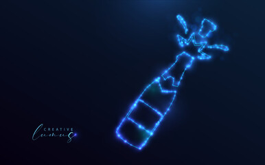 Starry champagne bottle. Bottle icon with blue stars and neon light. Outline design or symbol on a dark blue background.