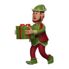 3D illustration. cartoon Elf 3D has a green gift box with a red ribbon. walking with a smile. by wearing cool costumes. 3D Cartoon Character