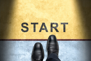 Start Line. Start background, Top view of Businessman with shoes is standing next to line and word...