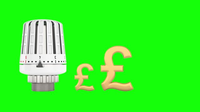 Heater thermostat and symbol british pound on green background. Isolated 3D render