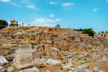 view of the archaeological site of Ancient Corinth