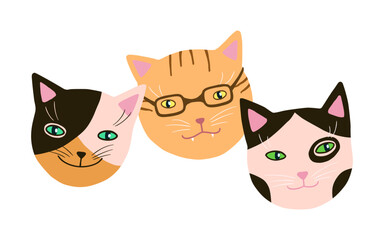 Funny cats muzzles set. Hand drawn cute friends kittens head clip art. Kitty breeds collection. Vector artistic cartoon simple pets.