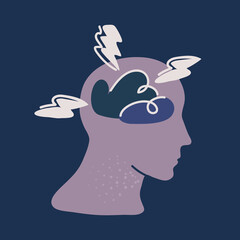 Cartoon vector illustration of Human brain pwith thunder storm inside
