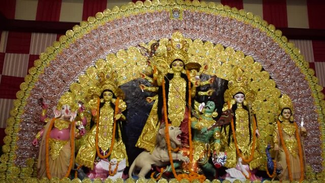 Beautiful Idol of Goddess Durga  with traditional look in close up view at a puja pandal in India