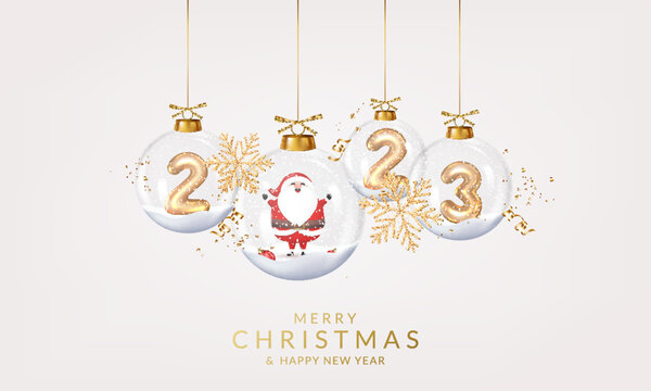 Christmas and New Year 2023 greeting card with balls, Santa Claus and snowflakes.