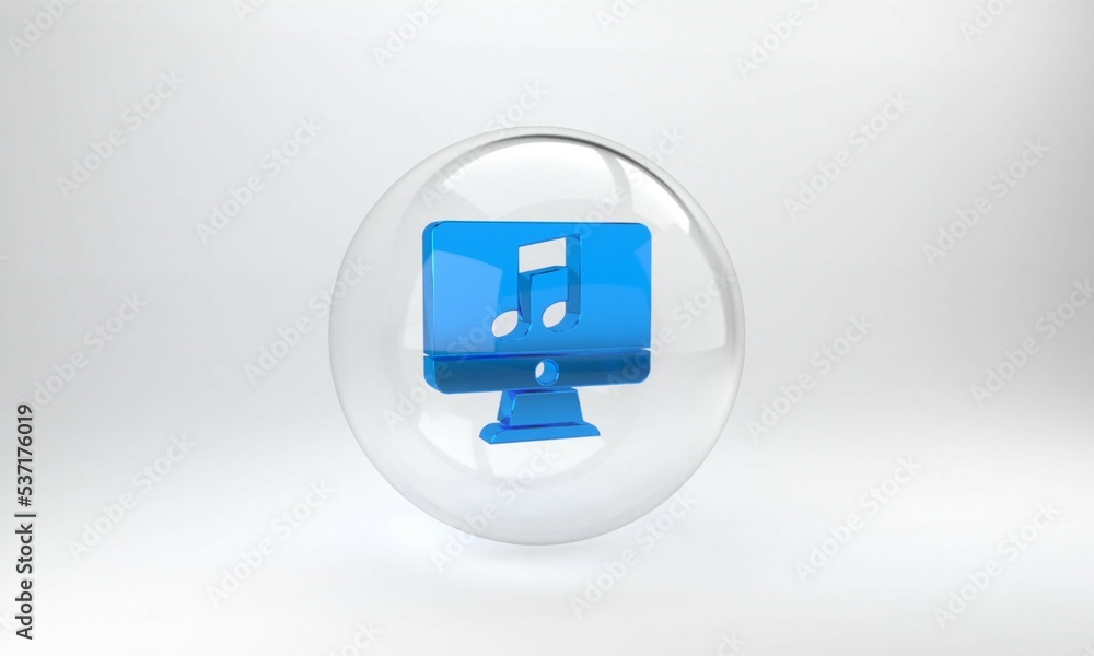 Poster blue computer with music note symbol on screen icon isolated on grey background. glass circle button