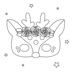 Coloring cute cartoon deer mask. Black and white vector illustration for coloring