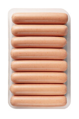 Opened transparent plastic tray of fresh raw sausages isolated on white top-view. Packaging template mockup. Clipping Path included.