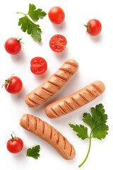 grilled sausages with herbs and tomato isolated on white background