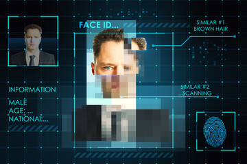 Face recognition and authentication concept with personal data of handsome man and fingerprint on abstract dark background - obrazy, fototapety, plakaty