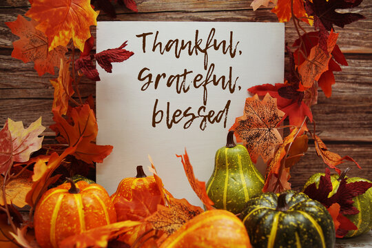 Thankful, grateful, blessed text message with autumn maple leaves and pumpkins on wooden background