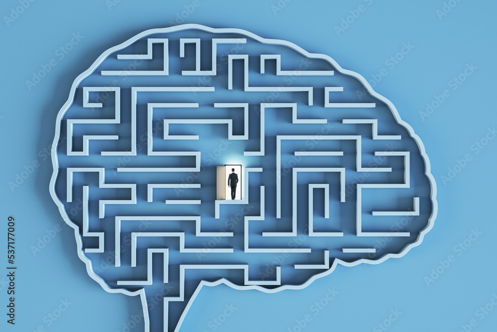 Aufkleber Creative idea and artificial intelligence concept with businessman entering the open door with light in labyrinth in form of human brain on blue background