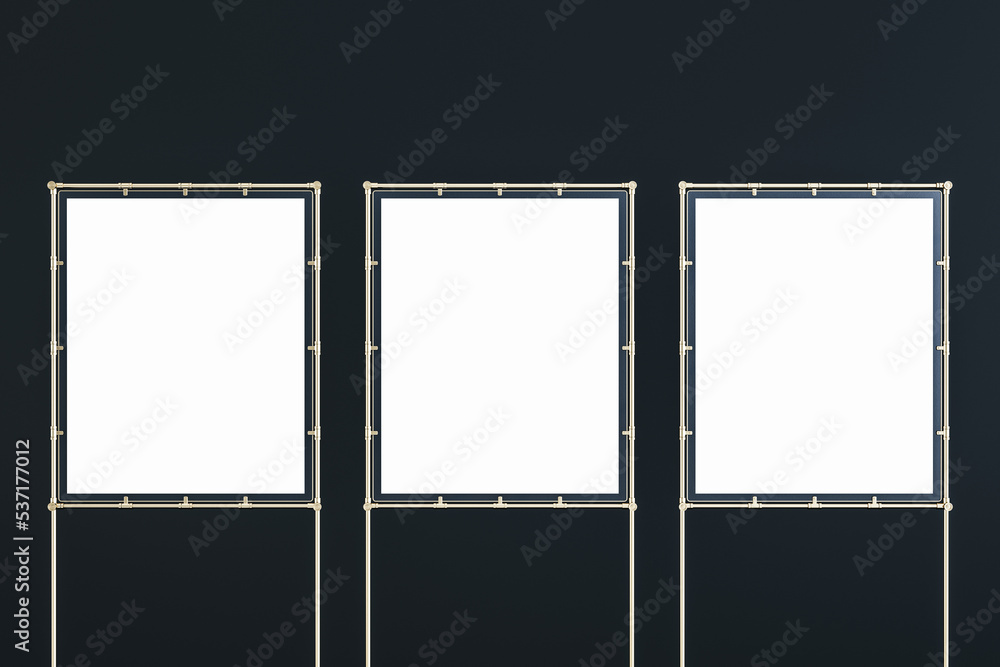 Poster Front view on blank white presentation portfolio walls in metallic frame with place for your logo or text isolated on black background. 3D rendering, mockup