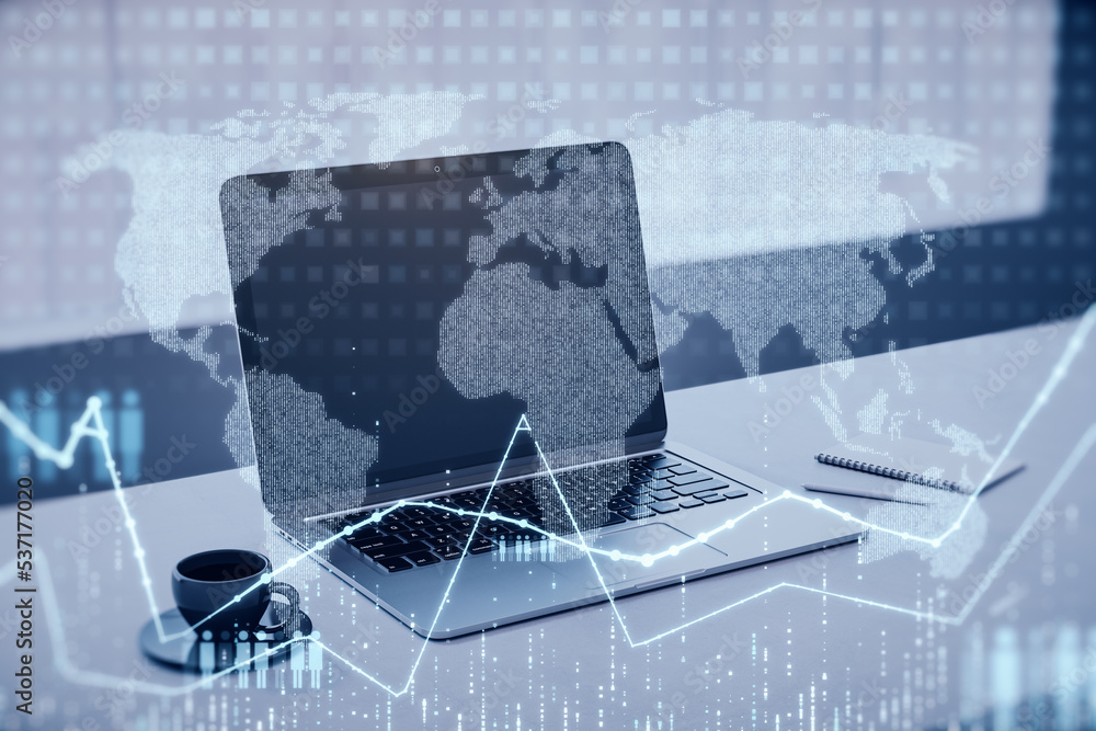 Poster close up of laptop with abstract glowing map hologram on blurry office desktop with coffee cup backg