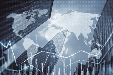 Abstract glowing map hologram o blurry city background. Digital international network, technology and geo communication concept. Double exposure.