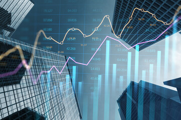 Growth property price and real estate concept with digital graphic stats data and raising up diagram on city skyscraper tops background bottom view, double exposure - obrazy, fototapety, plakaty