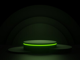 3D black geometric podium with green neon lights.