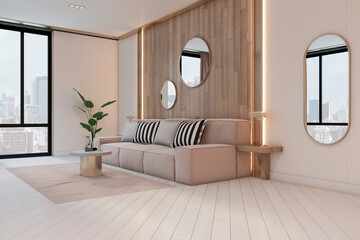 Perspective view on spacious living room with light pink sofa, marble coffee table on wooden floor and city view from stylish windows. 3D rendering