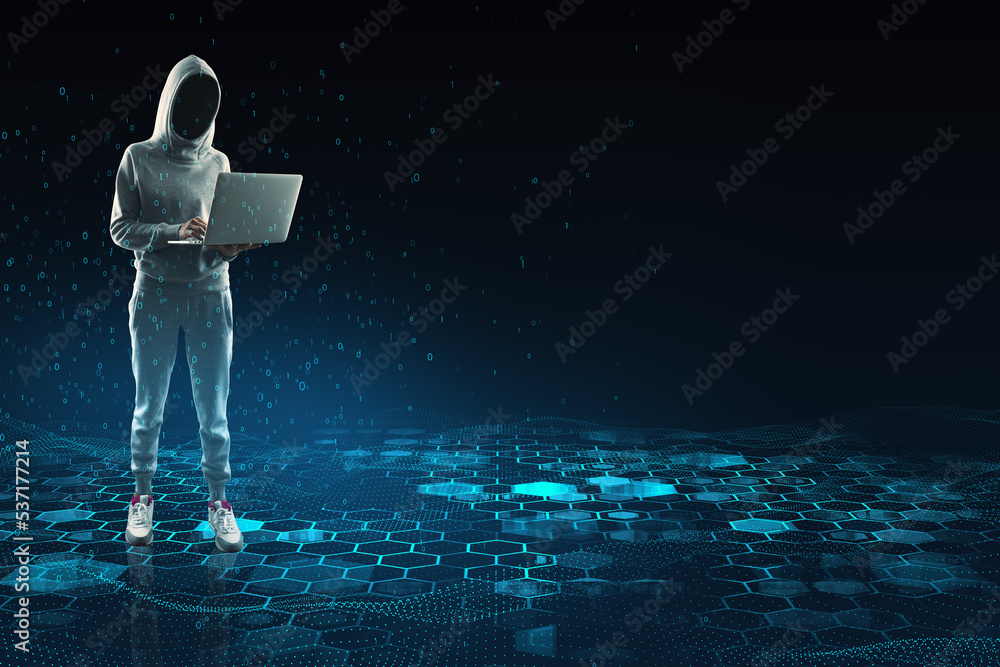 Poster Hacker with laptop and mock up place with creative blue hexagonal background. Technology, hacking, design and landing page concept.