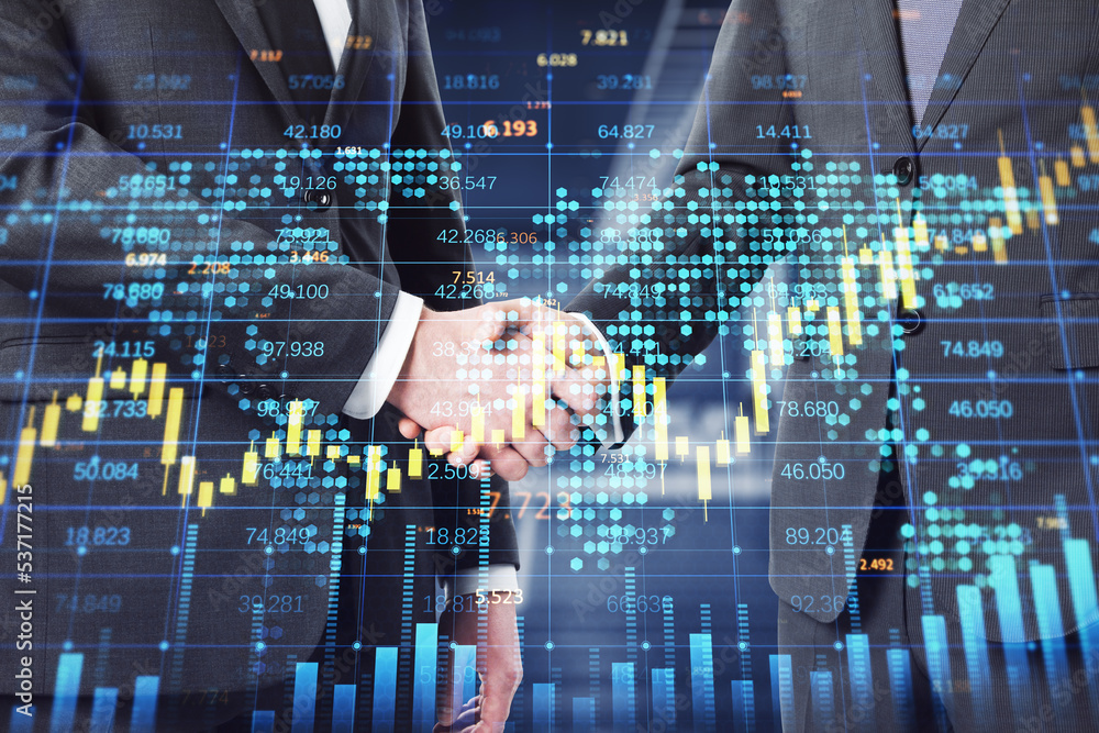 Poster businessmen shaking hands using cellphone with creative forex chart with candlestick graph, index an