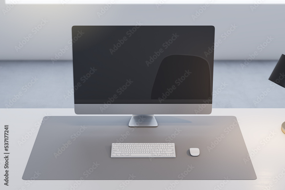 Poster Close up of office table with empty computer monitor and rfeflections, lamp and keyboard on blurry background. 3D Rendering.