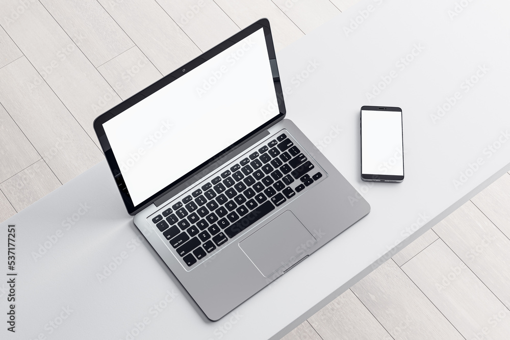 Poster Close up of empty white notebook and smartphone on light desktop, mock up place on screen, wooden parquet flooring background. Top view. 3D Rendering.