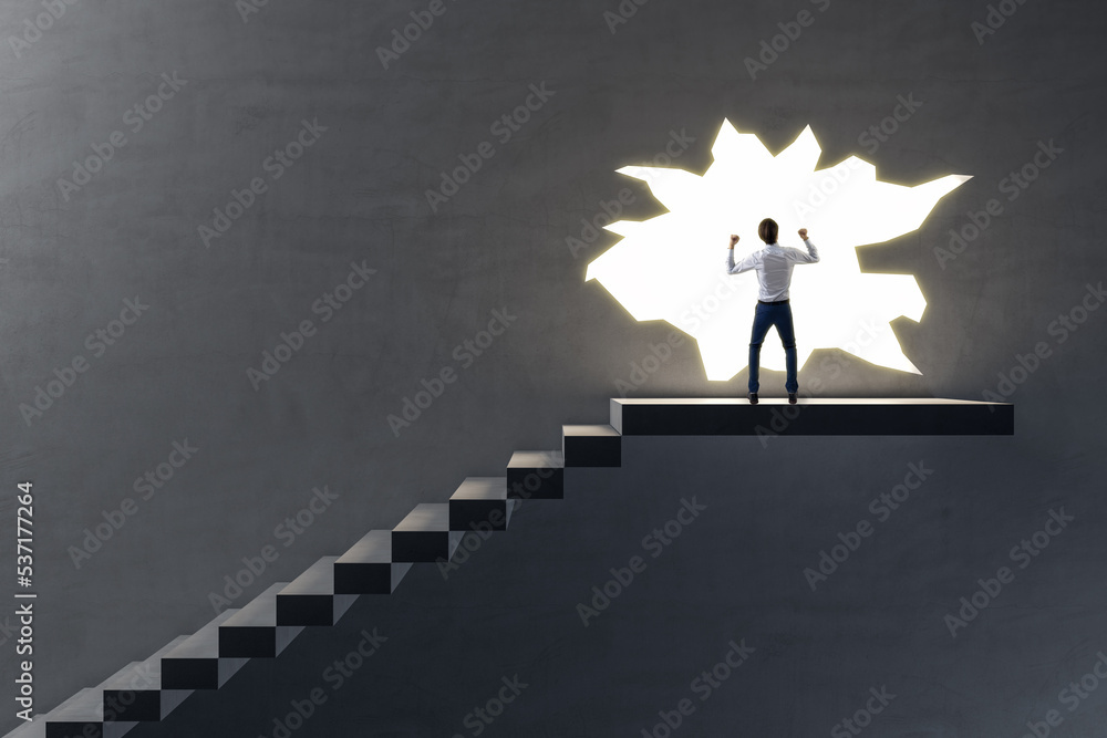 Poster Find solution and right decision concept with back view on satisfied businessman on the top of stairway on big hole in dark wall background