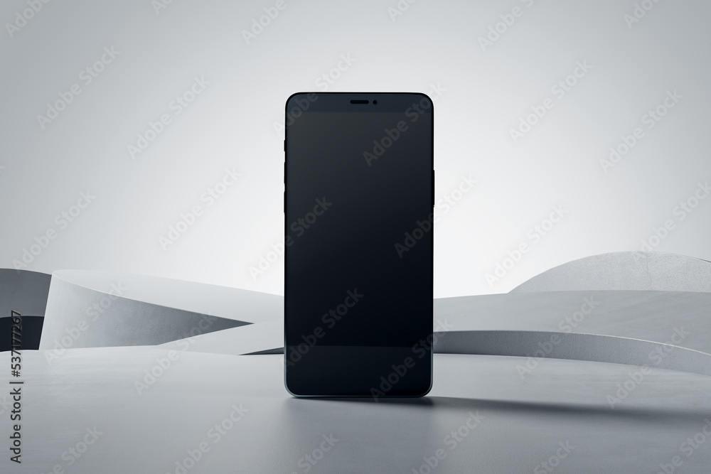 Poster Perspective view on blank black modern smartphone screen with space for your logo or text on abstract light grey concrete surface and blank background. 3D rendering, mockup