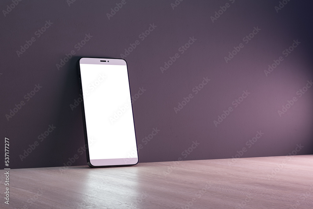 Poster Close up of empty white mobile phone on dark wall and wooden surface background. Mobile app concept. 3D Rendering.