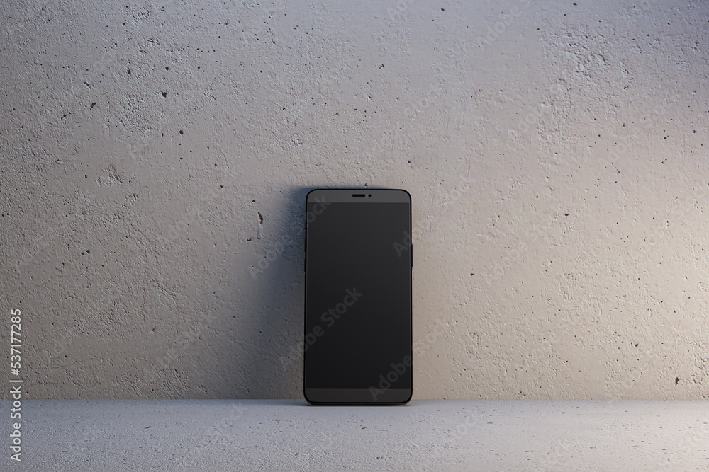 Poster close up of empty black smartphone on light wall background. mobile app concept. 3d rendering.