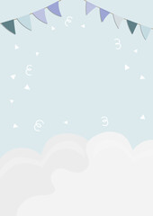 Birthday template with flag garland, confetti and cloud in pink colors. Vector with copyspace for baby shower, invitations, posters, cards, album