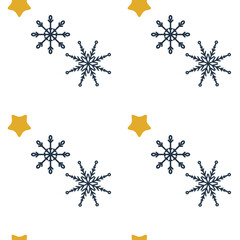 Seamless pattern of stars and blue snowflakes. Print for wrapping paper and Christmas fabric