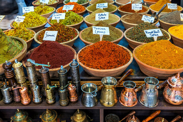 Traditional spices on famous market in Jerusalem, Israel.