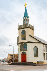 Akraneskirkja Church at Akranes town , Port town near Reykjavik around city center during winter cloudy day at Akranes , West Coast of Iceland : 15 March 2020