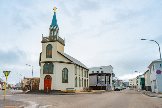 Akraneskirkja Church at Akranes town , Port town near Reykjavik around city center during winter cloudy day at Akranes , West Coast of Iceland : 15 March 2020