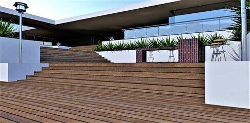 Wooden steps to the multi-level terrace of a luxurious futuristic estate. Red brick bar. Metal street lamp. Beautiful image for a real estate website. 3d rendering.