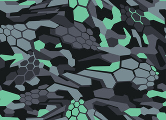Fototapeta na wymiar Camouflage geometric seamless pattern with hexagonal and polygonal shapes. Abstract modern digital camo texture ornament for racing vinyl print. Vector background.