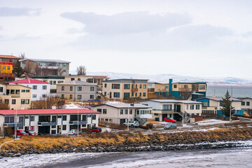 Borganes town , Villages near Snaefellsnes during winter cloudy day at Borganes , Shore of Borgarfjörður in Iceland : 15 March 2020