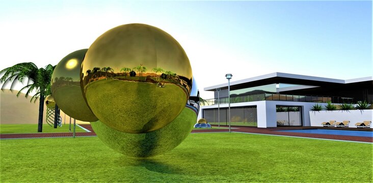 A giant molecule of gold and chromium amel in a green meadow near a futuristic estate with white walls in sunny weather. 3d rendering.