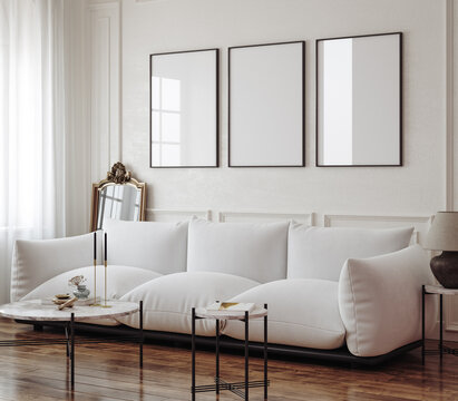 Naklejki Frame mockup in modern classic living room interior background, 3D render