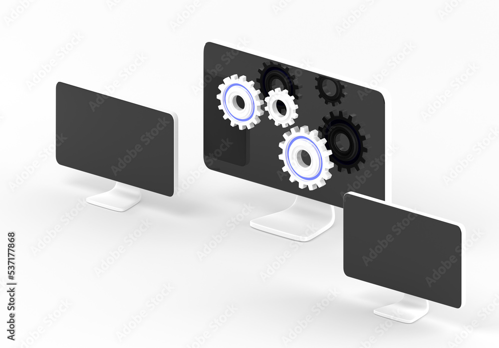 Poster system update isometric 3d banner. concept of website maintenance, software development and manageme