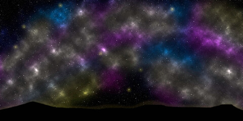 Background concept of nature, sky and stars filled the sky at night. Mountain silhouette and orange reflection behind it. Colorful universe, beautiful and peaceful. Travel and explore stars, nebula